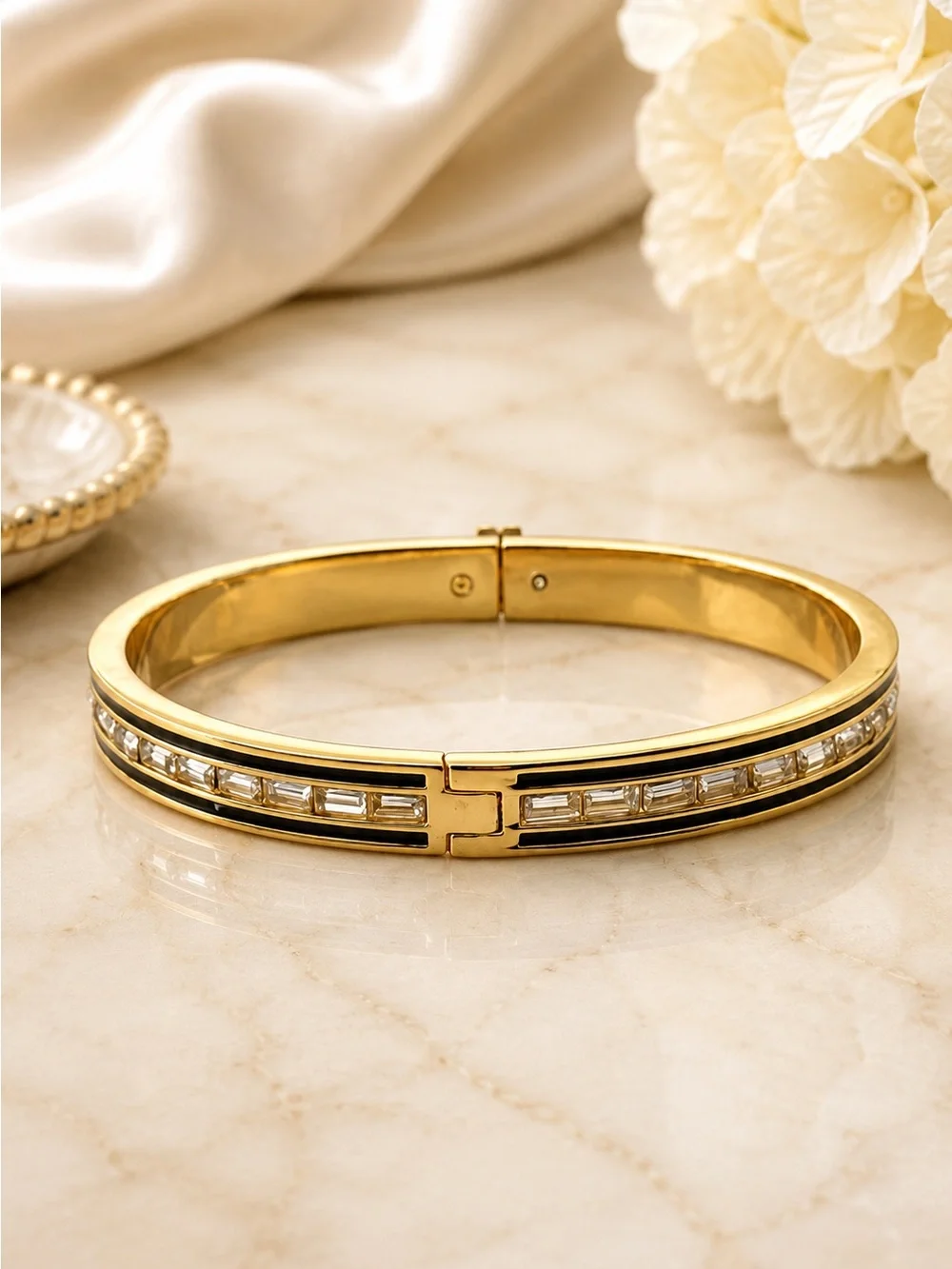 Tory Burch Gold and Black Enamel Logo Bangle with Crystal Accents